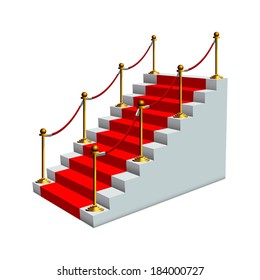White stairs with gold stanchions and a red carpet 