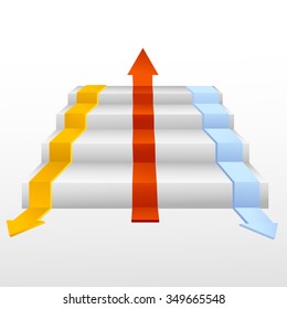   White stairs with yellow, red, blue arrows