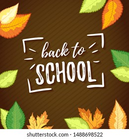 White stamp Back to school on brown striped background with autumn leaves. Vector illustration