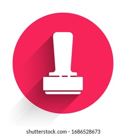 White Stamp icon isolated with long shadow. Red circle button. Vector Illustration