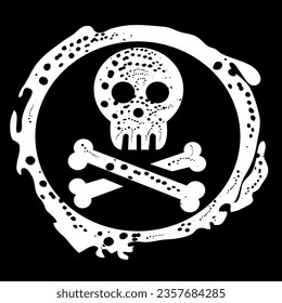 White stamp with skull on a black background drawn by hand