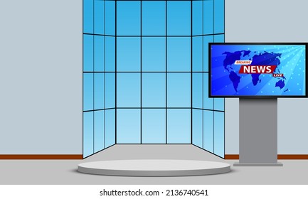 white stand and breaking news live on lcd screen in the news studio room