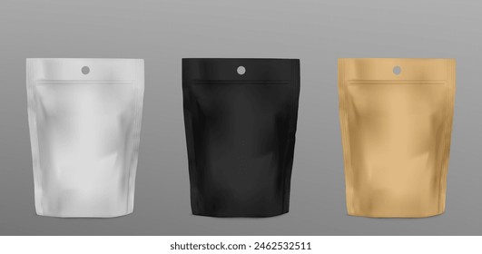 White stand pouch bag. Food doypack zipper mockup. 3d blank plastic coffee, tea or snack sachet package design. Isolated kraft detergent container advertising template. Cosmetic packet for branding