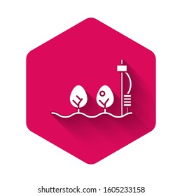 White Standalone sensor and plant icon isolated with long shadow. Pink hexagon button. Vector Illustration