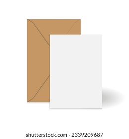 White standing greeting card and brown kraft paper envelope mockup template. Isolated on white background with shadow. Ready to use for your design or business. Vector illustration.