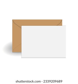 White standing greeting card and brown kraft paper envelope mockup template. Isolated on white background with shadow. Ready to use for your design or business. Vector illustration.