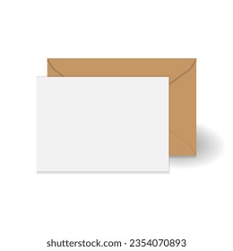 White standing greeting card and brown kraft paper envelope mockup template. Isolated on white background with shadow. Ready to use for your design or business. Vector illustration.