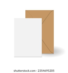 White standing greeting card and brown kraft paper envelope mockup template. Isolated on white background with shadow. Ready to use for your design or business. Vector illustration.