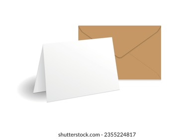 White standing greeting card and brown kraft paper envelope mockup template. Isolated on white background with shadow. Ready to use for your design or business. Vector illustration.