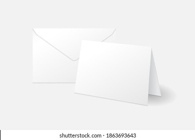 White standing greeting card and envelope mockup template. Isolated on white background with shadow. Ready to use for your design or business. Vector illustration.