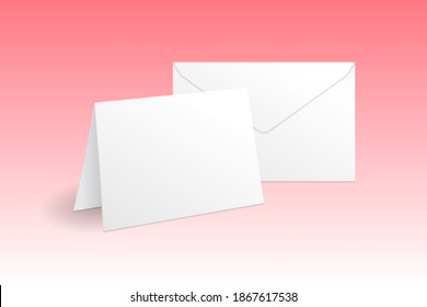 White standing greeting card and envelope mockup template. Isolated on gradient pink background with shadow. Ready to use for your design or business. Vector illustration.