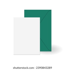White standing greeting card and green paper envelope mockup template. Isolated on white background with shadow. Ready to use for your design or business. Vector illustration.