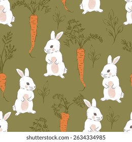 White Standing Rabbits with Carrots Vector Seamless Pattern