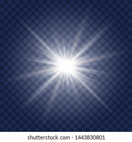  white Star burst with dust and sparkle isolated on blue transparent background Glow light effect with rays and shine particles.  Set of Glowing Light Stars with Sparkles. Light effect.