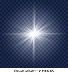  white Star burst with dust and sparkle isolated on blue transparent background Glow light effect with rays and shine particles.  Set of Glowing Light Stars with Sparkles. Light effect.