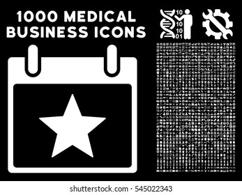 White Star Calendar Day vector icon with 1000 medical business pictograms. Set style is flat symbols, white color, black background.