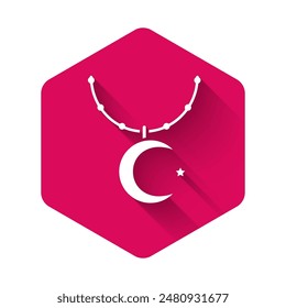 White Star and crescent on chain - symbol of Islam icon isolated with long shadow background. Religion symbol. Pink hexagon button. Vector