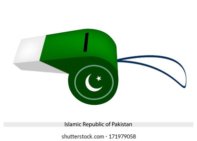A White Star and Crescent on A Dark Green Field and White Band of The Islamic Republic of Pakistan Flag on A Whistle, The Sport Concept and Political Symbol. 