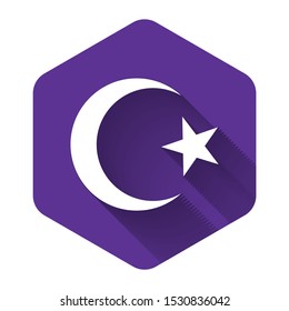 White Star and crescent - symbol of Islam icon isolated with long shadow. Religion symbol. Purple hexagon button. Vector Illustration