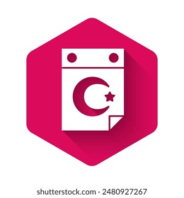 White Star and crescent - symbol of Islam icon isolated with long shadow background. Religion symbol. Pink hexagon button. Vector