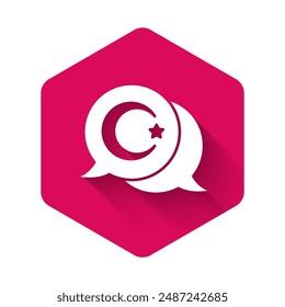 White Star and crescent - symbol of Islam icon isolated with long shadow background. Religion symbol. Pink hexagon button. Vector