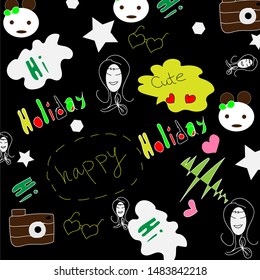 White star and cute face  on black background wallpaper pattern design.Vector illustration.
