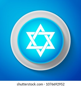 White Star of David icon isolated on blue background. Circle blue button with white line. Vector Illustration