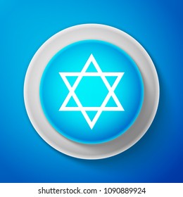 White Star of David icon isolated on blue background. Jewish religion symbol. Circle blue button with white line. Vector Illustration