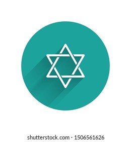 White Star of David icon isolated with long shadow. Jewish religion symbol. Symbol of Israel. Green circle button. Vector Illustration