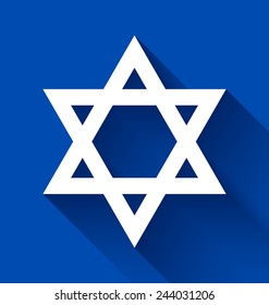 White Star of David with long shadow effect on blue background