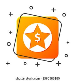 White Star and dollar icon isolated on white background. Favorite, best rating, award symbol. Orange square button. Vector Illustration