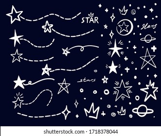 White star doodle on black. Abstract hand drawn scribble stars shape elements. Cartoon line marker sketch for text emphasis on chalck board background. Pen graphic and highlight sketch graffiti style