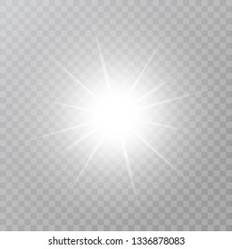 White star dust trail sparkling particles. Vector sparkling magical dust particles. Glow light effect. Light explodes on transparent. Bright star explodes, starburst with sparkles, shining sun.