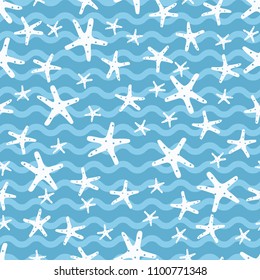 White star fish in blue ocean. A playful, modern, and flexible pattern for brand who has cute and fun style. Repeated pattern. Happy, bright, and nautical mood.