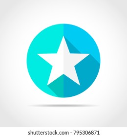 White star in flat design with long shadow. Vector illustration. Simple star icon on blue round button.
