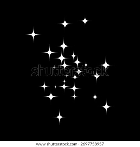 White star halftone pattern. Abstract burst of glowing sparkle shapes on black background. Retro dotted star cluster design for comics, pop art, or decorative effects. Vector illustration.
