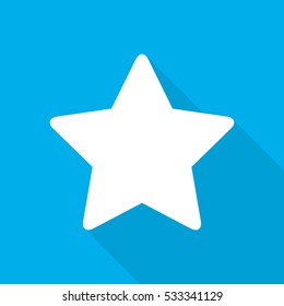 White star icon in flat design. Star on blue background with long shadow. Vector illustration.