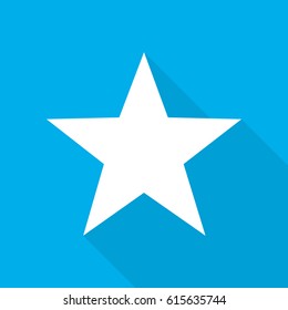 White star icon in flat design. Star on blue background with long shadow. Vector illustration.