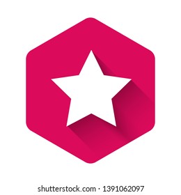 White Star icon isolated with long shadow. Favorite, best rating, award symbol. Pink hexagon button. Vector Illustration