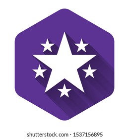 White Star icon isolated with long shadow. Favorite, Best Rating, Award symbol. Purple hexagon button. Vector Illustration