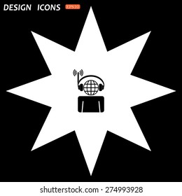 white star on a black background. with headphones listening to music, head planet. icon. vector design