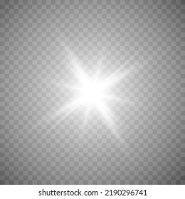 Estrella blanca, sobre un fondo transparente, el efecto del brillo y los rayos de luz, luces brillantes, sun.vector.
