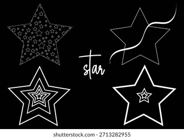 White star outline set on black, Minimal star shapes illustration, Decorative outlined star icons