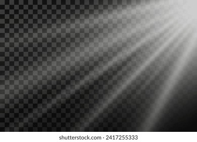 White star rays and spotlight. Sunlight. Realistic glowing light explodes on a transparent background.