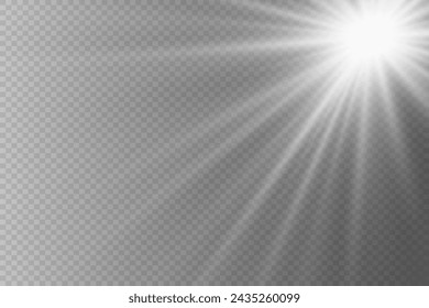 White star rays and spotlight. Sunlight. Realistic glowing light explodes on a transparent background.