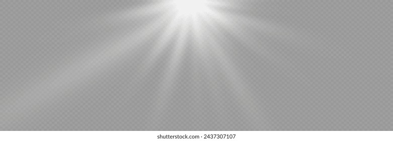 White star rays and spotlight. Sunlight. Realistic glowing light explodes on a transparent background.