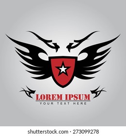 white star, red shield and black wings. winged red shield and star shape icon.