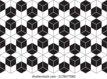 White star shape repeating pattern with black 3d effect cubes and gray outline, geometric vector illustration