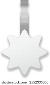 White star shaped price tag or label hanging from a grey ribbon on white background, creating a simple yet effective design for retail or promotional purposes