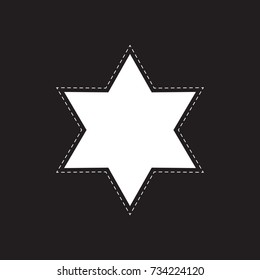 white star six-pointed with a dashed outline. Star of David with a dotted line. black background. black and white vector illustration.